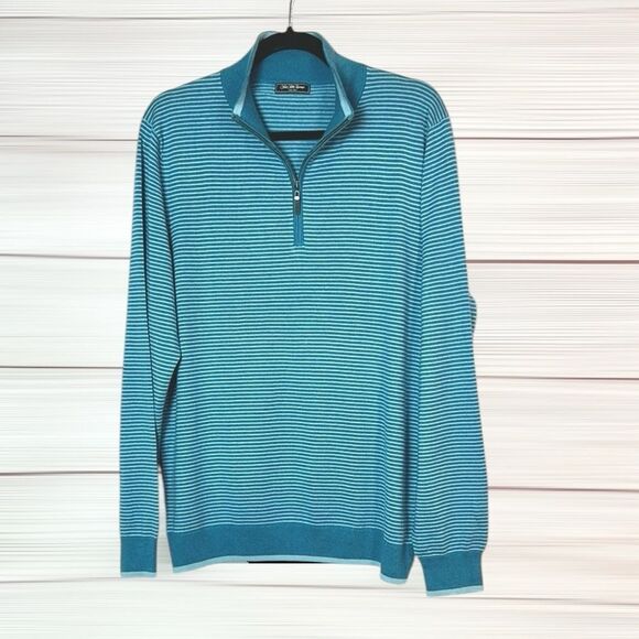 Saks Fifth Avenue Blue Striped Sweater Quarter Zip Silk Cotton Men’s L - Picture 1 of 9